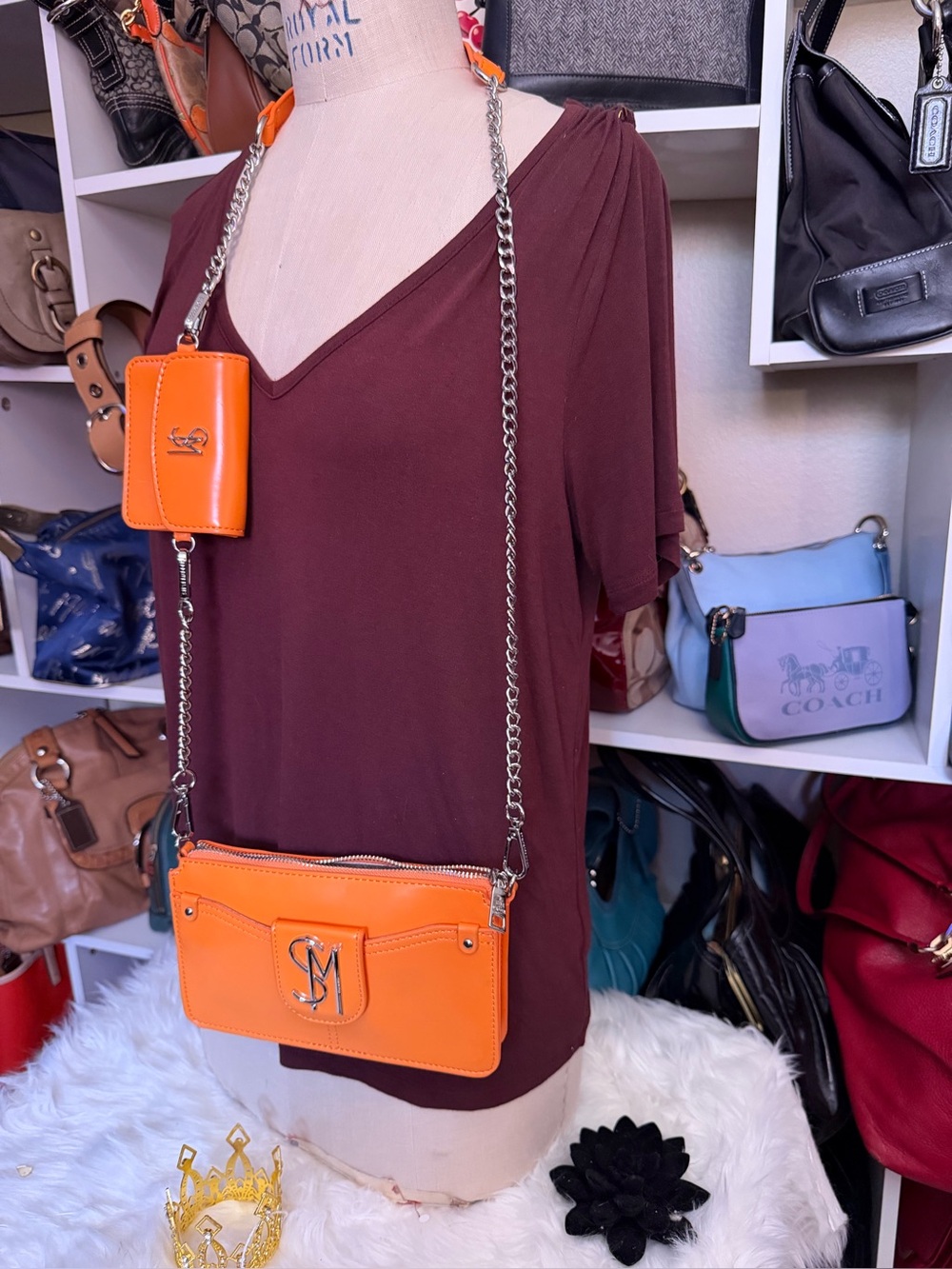 Orange Crossbody Chain Bag with Cardholder
